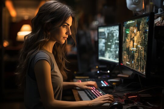 Female IT specialist sits in a dark office and looks at several monitors with her hands on the keyboard. Young girl is engaged in testing websites, debugging programs, expert development, coding.
