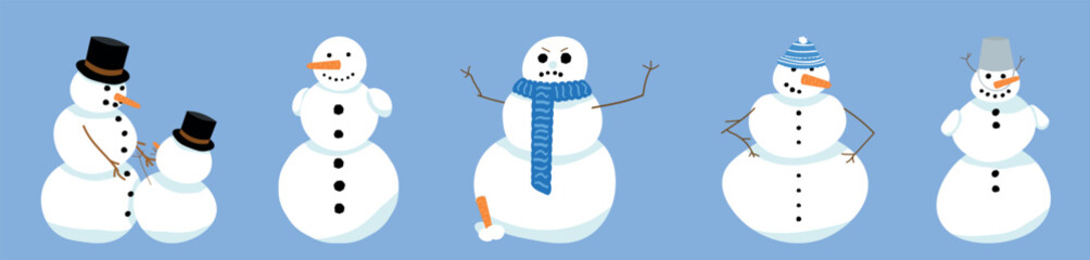 Set of cute snowmen on light blue background