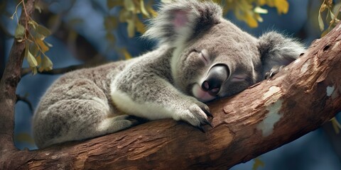 Koala asleep in tree.