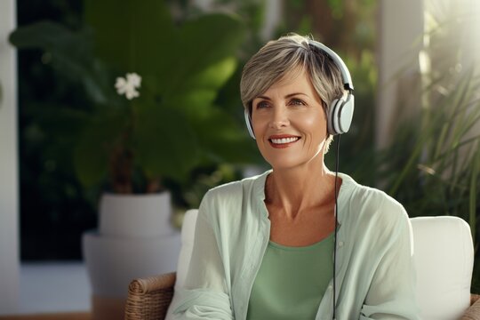 Charming woman wearing headphones sits in a comfortable armchair at country house. Middle-aged Caucasian lady listens to music and enjoys the silence of her garden. Leisure and relaxation.