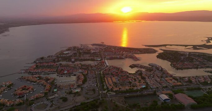 Drone view of the Leucate tourist spot on the Mediterranean Sea, southern France, in summer, during the height of the tourist season. A place for families with children