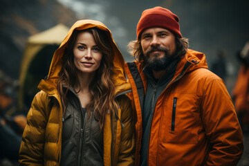 Portrait of cheerful young couple in the mountains against the backdrop of a tent camp. Happy family in bright outwear is engaged in mountain trekking. Active lifestyle, tourism and vacation concept.