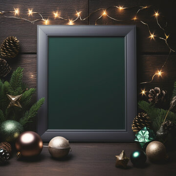 Fondo con detalle y textura de marco de tonos oscuros con decoración de navidad de tonos verdes, luces y fondo de madera