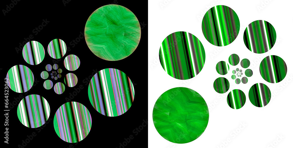 Poster abstract spiral pattern consisting of green striped circles on a black and white backgrounds. set. 3