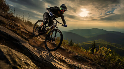 Adventurous Mountain Biker Swiftly Descending a Thrilling Trail: Exhilarating Outdoor Recreational Lifestyle Sport Amidst the Beauty of Nature	