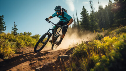 Fototapeta na wymiar Adventurous Mountain Biker Swiftly Descending a Thrilling Trail: Exhilarating Outdoor Recreational Lifestyle Sport Amidst the Beauty of Nature 