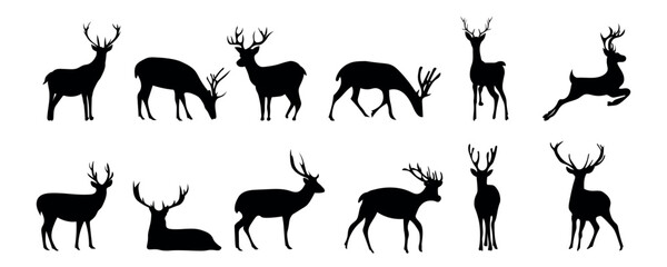 Set of deer silhouettes on white background