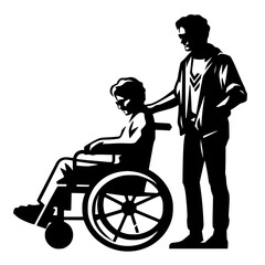 Celebrating Differences: Minimalist Vector Silhouettes of People with Disabilities,  Editable Stroke graphics,, wheelchair user and helper, risography 90s style