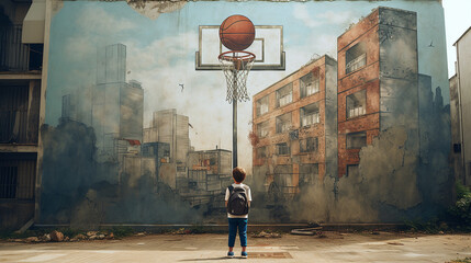 Boy looking at a wall with a painting of a basketball basket - Powered by Adobe
