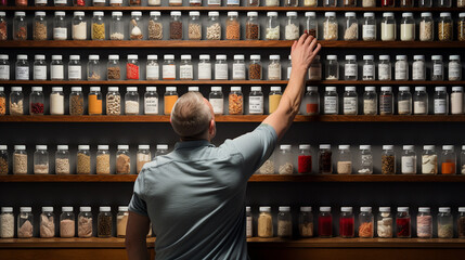 A man inspecting jars on an apothecary shelf