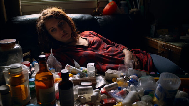 Sad woman lying on the couch looking at a pile of medicines