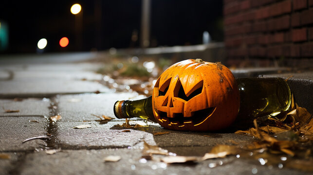 A drunk halloween pumpkin on the street