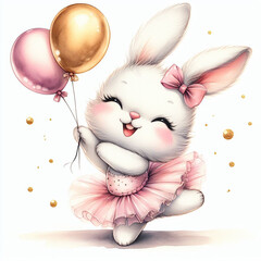 cute rabbit bunny pink ballerina with balloons watercolor - obrazy, fototapety, plakaty
