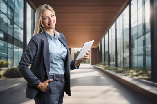 Portrait of successful business woman hold digital tablet, AI generated image