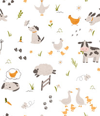 Cartoon Village map seamless pattern. Background of a farm with barn, windmill, funny animals, plants. Perfect for textile, fabric, paper, games, play mat. Hand drawn digital illustration