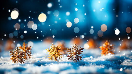 Fototapeta na wymiar Bright decorations and gifts of different shapes and colors are scattered on the snow on bokeh background. Generative AI technology