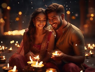 Smiling young joyful happy married couple together celebrating diwali day illustration, diwali couple illustration 