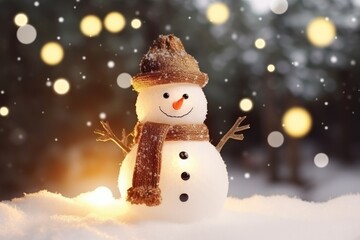 Bright illustration Winter card for Christmas. Funny snowman in a hat and scarf against the background of a snow-covered Christmas tree. Winter cold landscape.