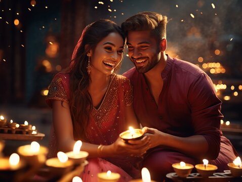 Smiling young joyful happy married couple together celebrating diwali day illustration, diwali couple illustration 