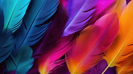 Obraz premium Multi colored feathers. Closeup rainbow feather. Background texture, abstract