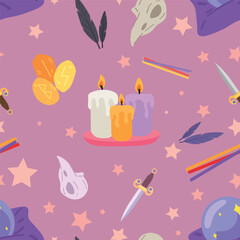 Different magic attributes for witchcraft on pink background. Pattern for design
