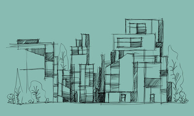 Architecture sketch of building,  hand drawn architectectural sketch - obrazy, fototapety, plakaty