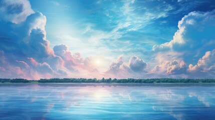 Sky reflections mirrored on lake surface.
