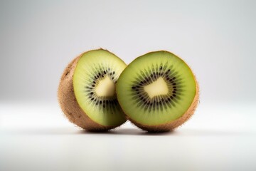 An image of a fresh kiwi fruit sliced in half, displayed on a plain white background. Generative AI