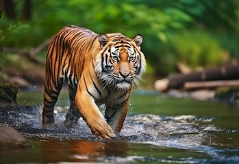 Amur tiger walking in the water. Dangerous animal.  Animal in a green forest stream.