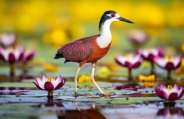Obraz premium Colorful African wader with long toes next to violet water lily in water.