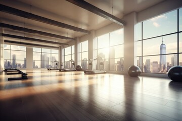 Spacious gym with urban skyline, computer-generated image. Generative AI