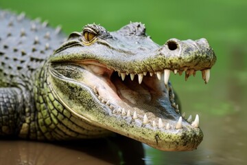 Crocodile with its mouth wide open with a green lake in the green background.