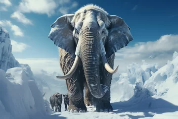 Crédence de cuisine en verre imprimé Gris foncé Elephant des neiges, paysages enneigé avec un animal du désert dans des montagnes d'hiver