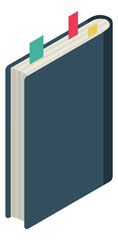 Black book icon with colorful bookmarks. Reading research icon