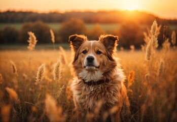 A Dog On abstract autumn field landscape at sunset with soft focus. dry ears of grass in the meadow