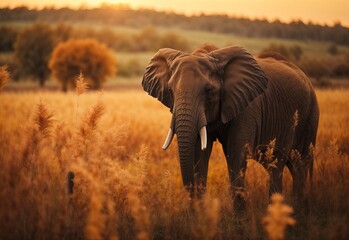 Fototapeta na wymiar A elephant On abstract autumn field landscape at sunset with soft focus. dry ears of grass in the meadow