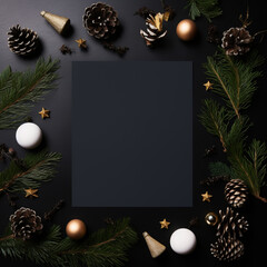 Fondo con detalle y textura de folio de color negro con decoración de epoca navideña alrededor y fondo de tono oscuro - obrazy, fototapety, plakaty