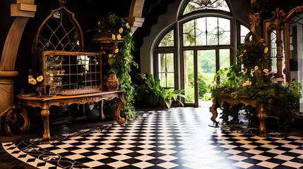 Entrance hall with lush vegetation and checkered floor created with Generative AI technology - obrazy, fototapety, plakaty