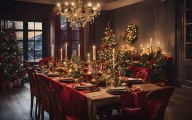 Fototapeta na wymiar Christmas dinner table setting in a cosy modern living room