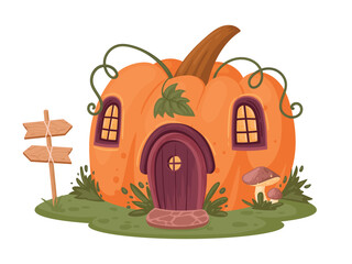 Cartoon pumpkin house. Fairytale cute cabin, Halloween fantasy little house flat vector illustration. Fall forest pumpkin house