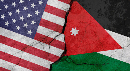 USA and Jordan flags, concrete wall texture with cracks, grunge background, military conflict concept