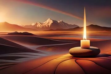 A Candle on a stone in Mountains view.