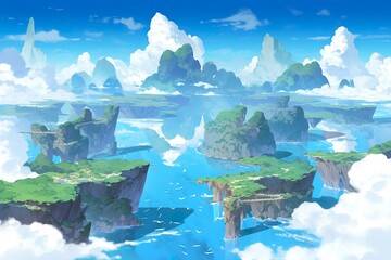 Whimsical Cartoons of Green Mountains in the Sky, Traditional Oceanic Art, Translucent Water, and Majestic Ports.