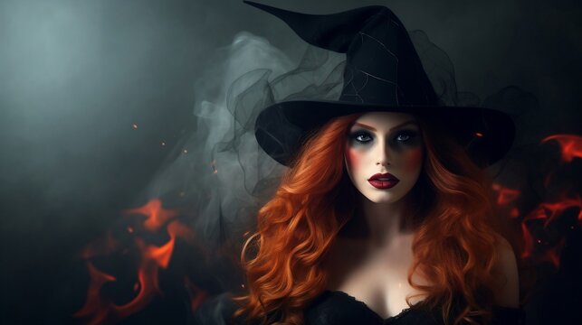 Hallowe'en. Sexy witch with pointed hat and long curly red hair. Black background with fire and smoke.