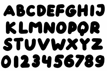 Rounded black english latin abc alphabet font A to Z and digits 0 to 9 set. Vector illustration in doodle hand drawn style isolated on white background. For kids book, typography, card, logo, menu. - obrazy, fototapety, plakaty