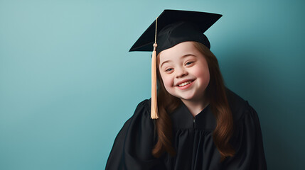 beautiful girl with down syndrome wearing a graduation gown on blue, differently-abled girl, people with disability day, copy space