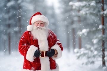 Quirky old bearded Santa Claus in the winter snowy forest. Winter holiday and Christmas concept. New Year's child frost.