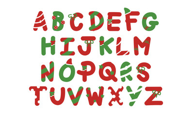 Christmas A to Z alphabet designs for festive font, typography, Christmas card, winter sticker, icon, campaign badges, fabric print, initials, calligraphy, cute patches, shirt print, learning material