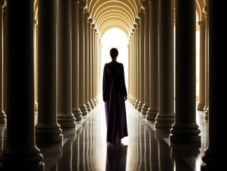 a girl walks among the columns