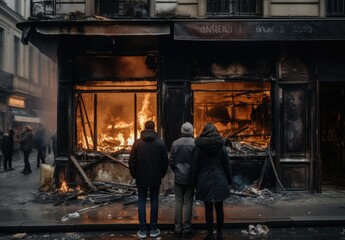 the shop was burned down during a demonstration - obrazy, fototapety, plakaty